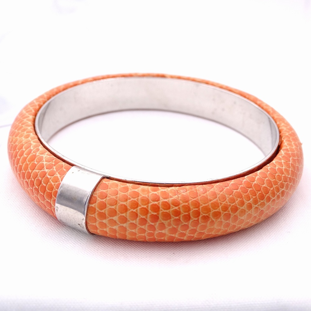 Leather-Snakeskin-Tangerine-Coral-Bangle  2 3/4"